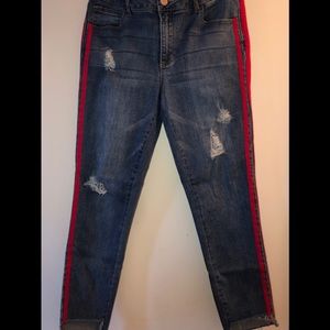 High Waisted Skinny Jeans Side Stripes Hi-Low Hem